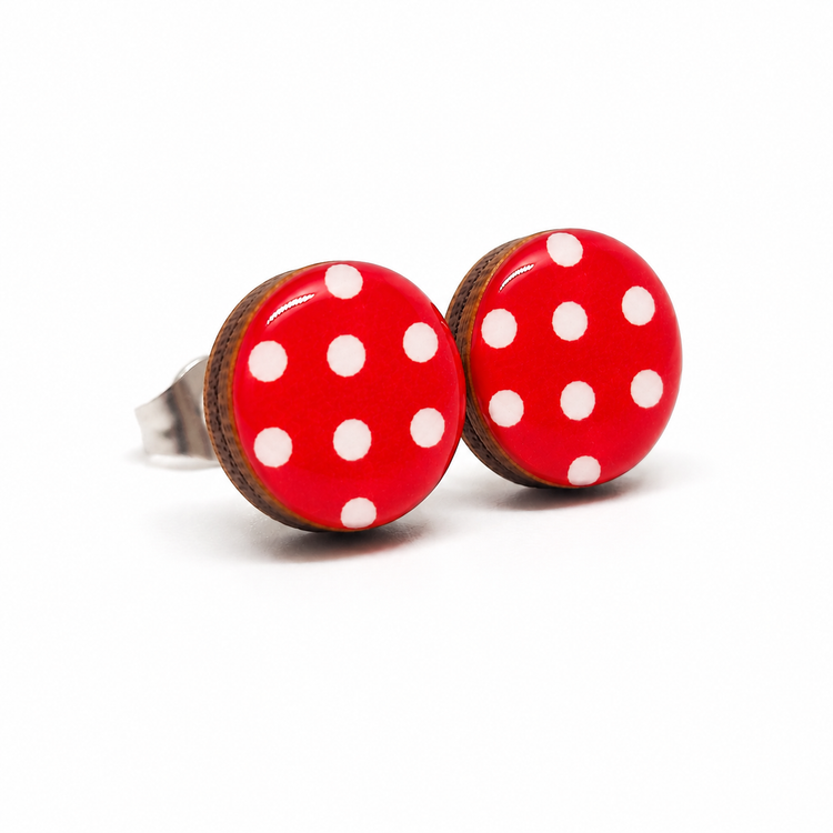 Red and White Polka Dot Stud Earrings by Candi Cove Designs