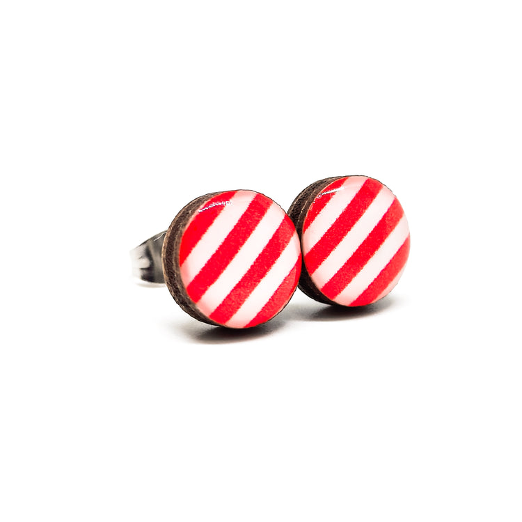 Red and White Candy Cane Stripes Stud Earrings by Candi Cove Designs