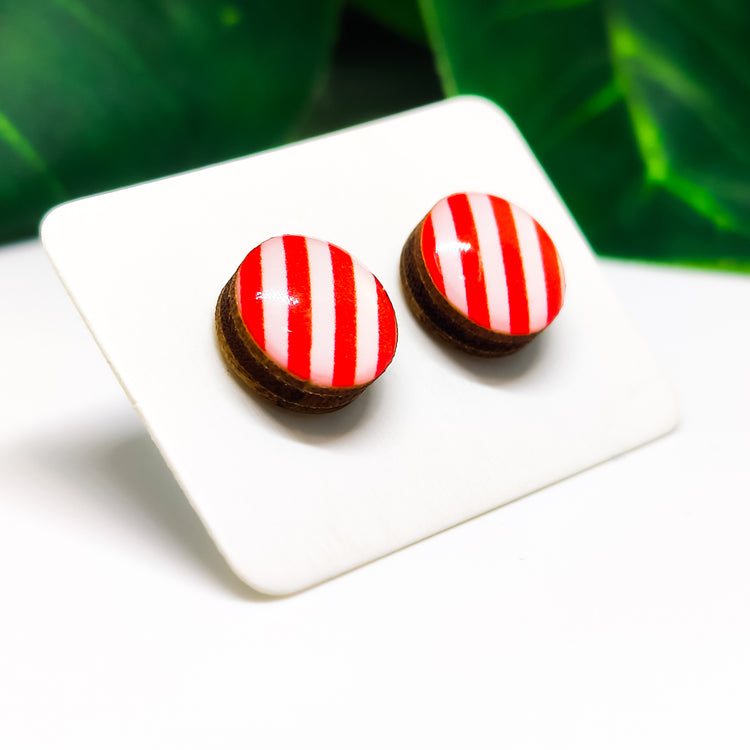 Red and White Candy Cane Stripes Stud Earrings by Candi Cove Designs