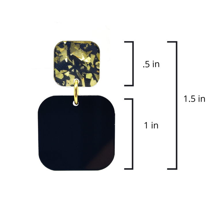 Boho Black and Gold Sparkle Double Square Drop Earrings