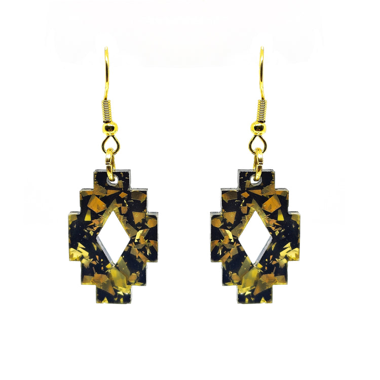 Boho Gold and Black Southwestern Aztec Dangle Earrings, Handmade, Metal for Sensitive Ears Statement Earrings
