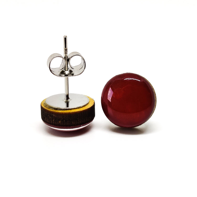 Stud Earrings, Burgundy, 10 mm, Handmade, Stainless Steel Posts for Sensitive Ears - Candi Cove Designs