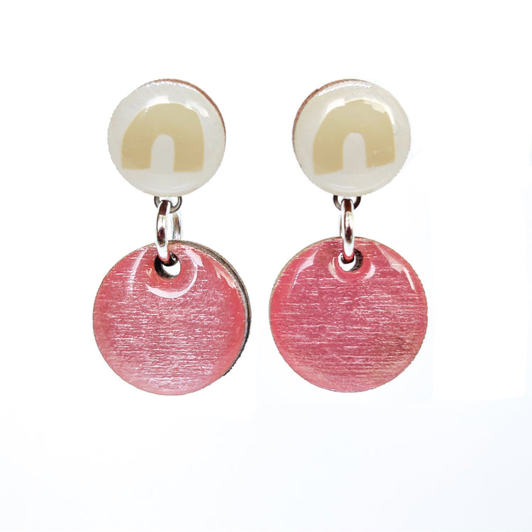 Mini Drop Earrings, Beige Rainbow and Pink Shimmer, Handmade, Stainless Steel Posts for Sensitive Ears - Candi Cove Designs