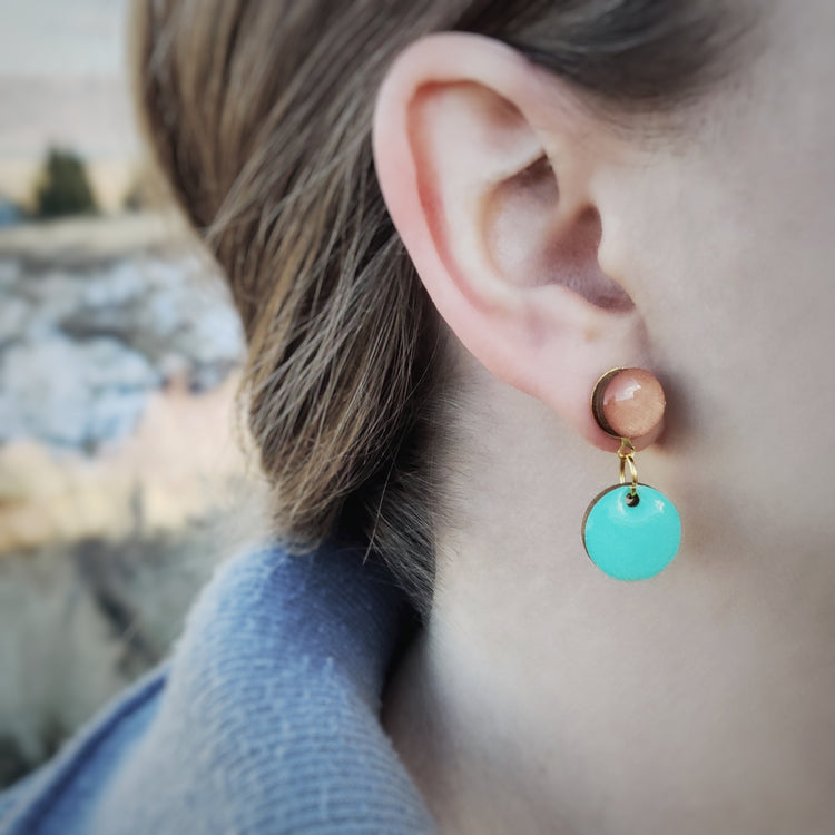 Mini Drop Earrings, Mint and Rose Gold Shimmer, Handmade, Stainless Steel Posts for Sensitive Ears - Candi Cove Designs