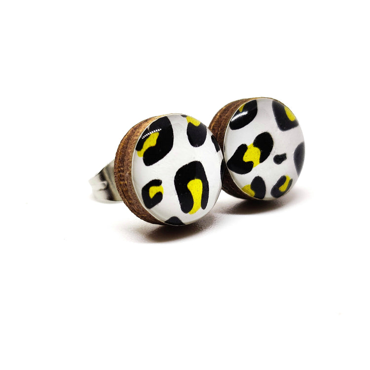 Stud Earrings, Black and Gold Cheetah, 10 mm, Handmade, Stainless Steel Posts for Sensitive Ears - Candi Cove Designs