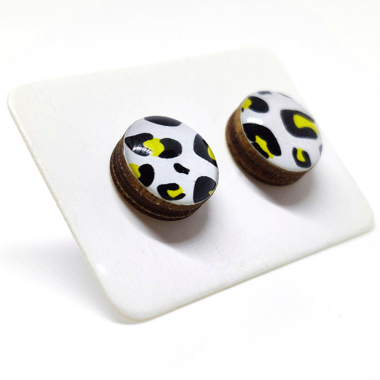 Stud Earrings, Black and Gold Cheetah, 10 mm, Handmade, Stainless Steel Posts for Sensitive Ears - Candi Cove Designs