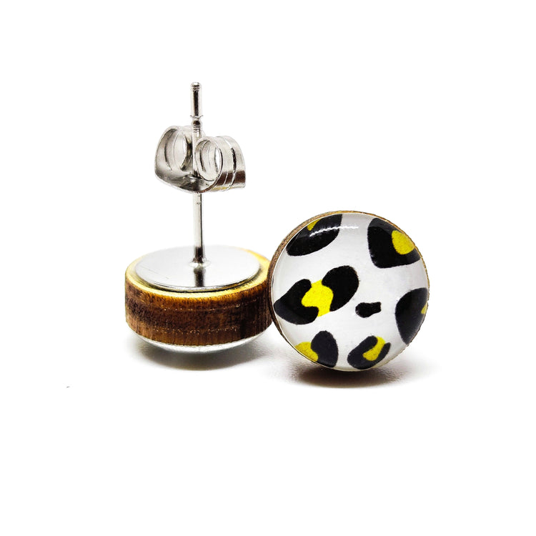 Stud Earrings, Black and Gold Cheetah, 10 mm, Handmade, Stainless Steel Posts for Sensitive Ears - Candi Cove Designs
