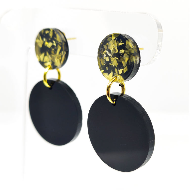 Boho Black and Gold Sparkle Double Circle Drop Earrings