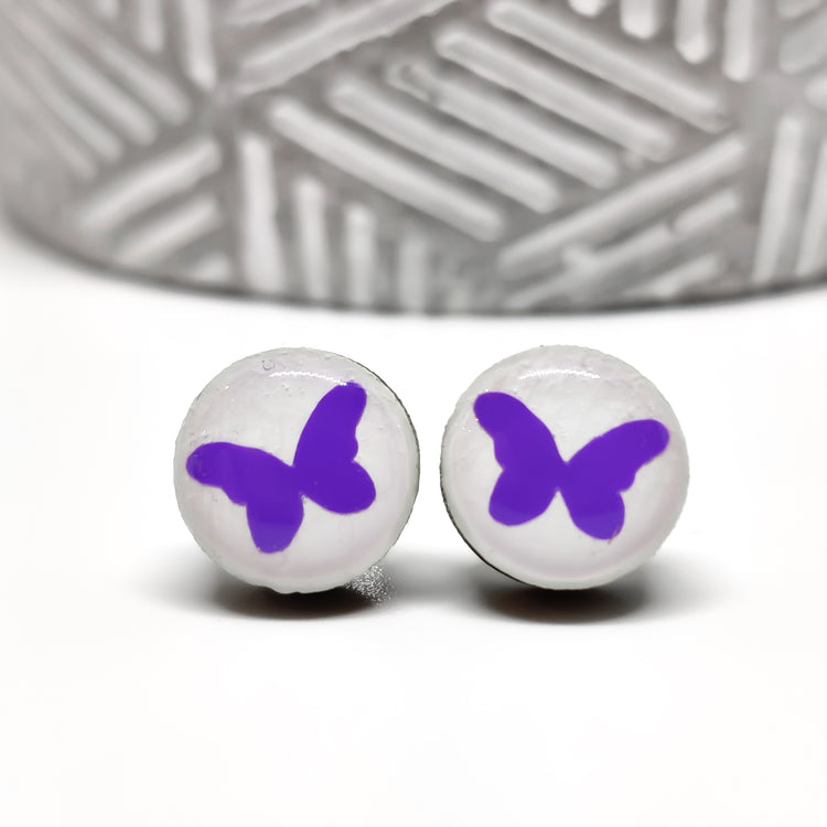 Purple Butterfly 10mm Stud Earrings, Handmade, Posts for Sensitive Ears - Candi Cove Designs