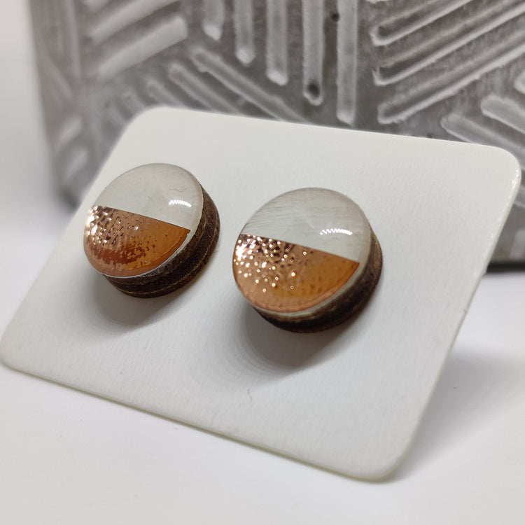 Cream and Rose Gold Faux Hammered Metal 10mm Stud Earrings, Handmade, Posts for Sensitive Ears - Candi Cove Designs