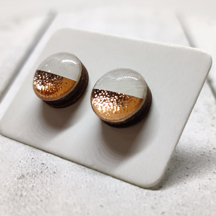 Cream and Rose Gold Faux Hammered Metal 10mm Stud Earrings, Handmade, Posts for Sensitive Ears - Candi Cove Designs