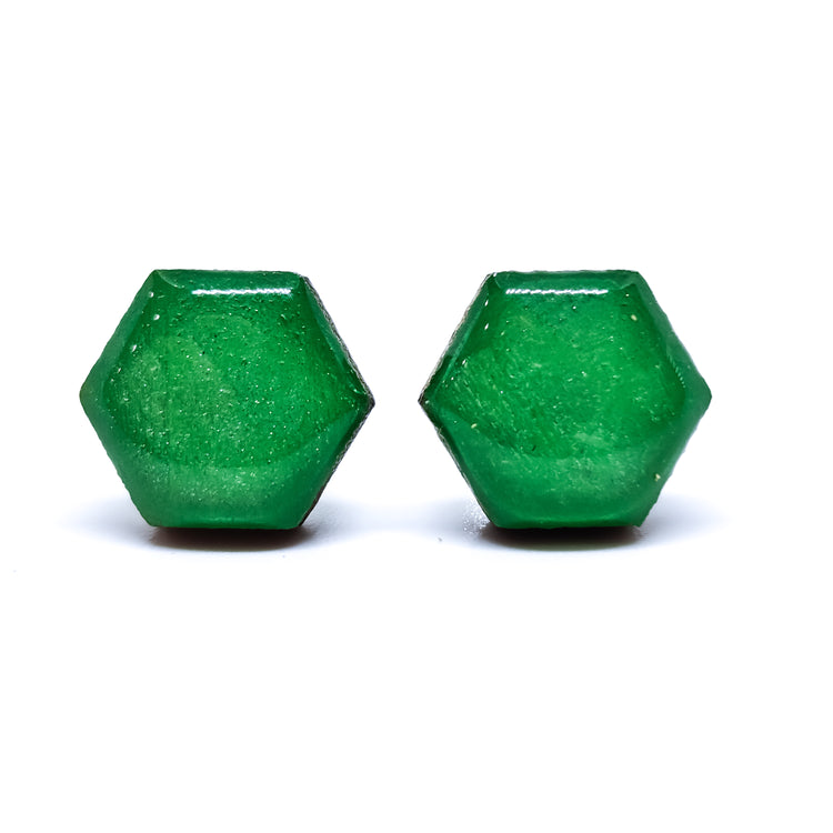 Jade Green Shimmer Hexagon Stud Earrings 10 mm, Handmade, Stainless Steel Posts for Sensitive Ears - Candi Cove Designs
