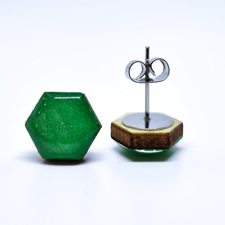 Jade Green Shimmer Hexagon Stud Earrings 10 mm, Handmade, Stainless Steel Posts for Sensitive Ears - Candi Cove Designs