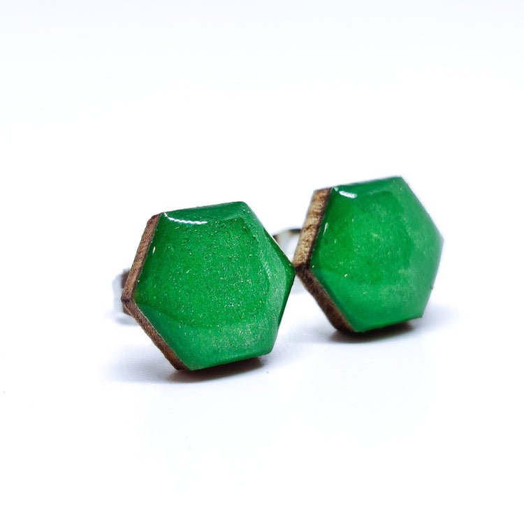 Jade Green Shimmer Hexagon Stud Earrings 10 mm, Handmade, Stainless Steel Posts for Sensitive Ears - Candi Cove Designs