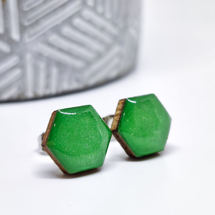 Jade Green Shimmer Hexagon Stud Earrings 10 mm, Handmade, Stainless Steel Posts for Sensitive Ears - Candi Cove Designs