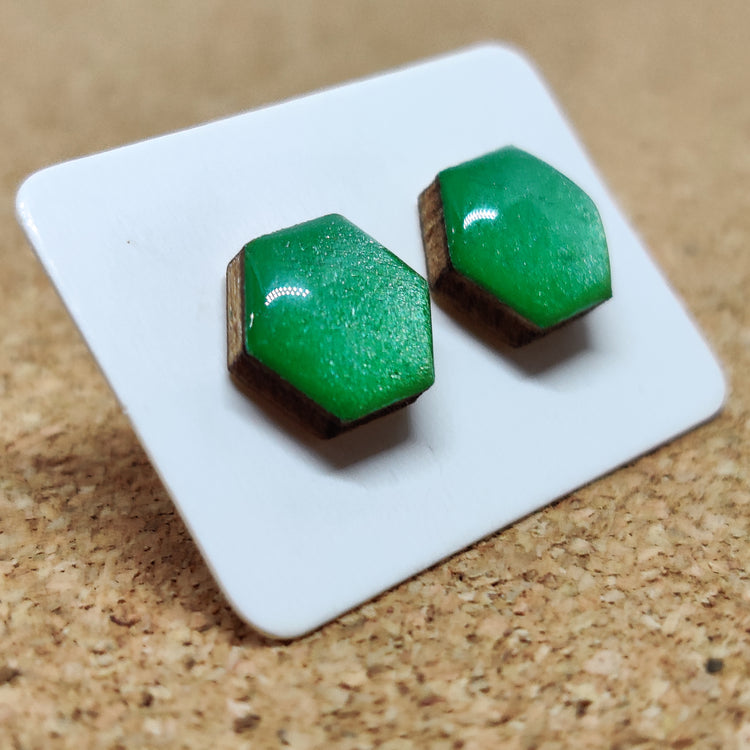 Jade Green Shimmer Hexagon Stud Earrings 10 mm, Handmade, Stainless Steel Posts for Sensitive Ears - Candi Cove Designs