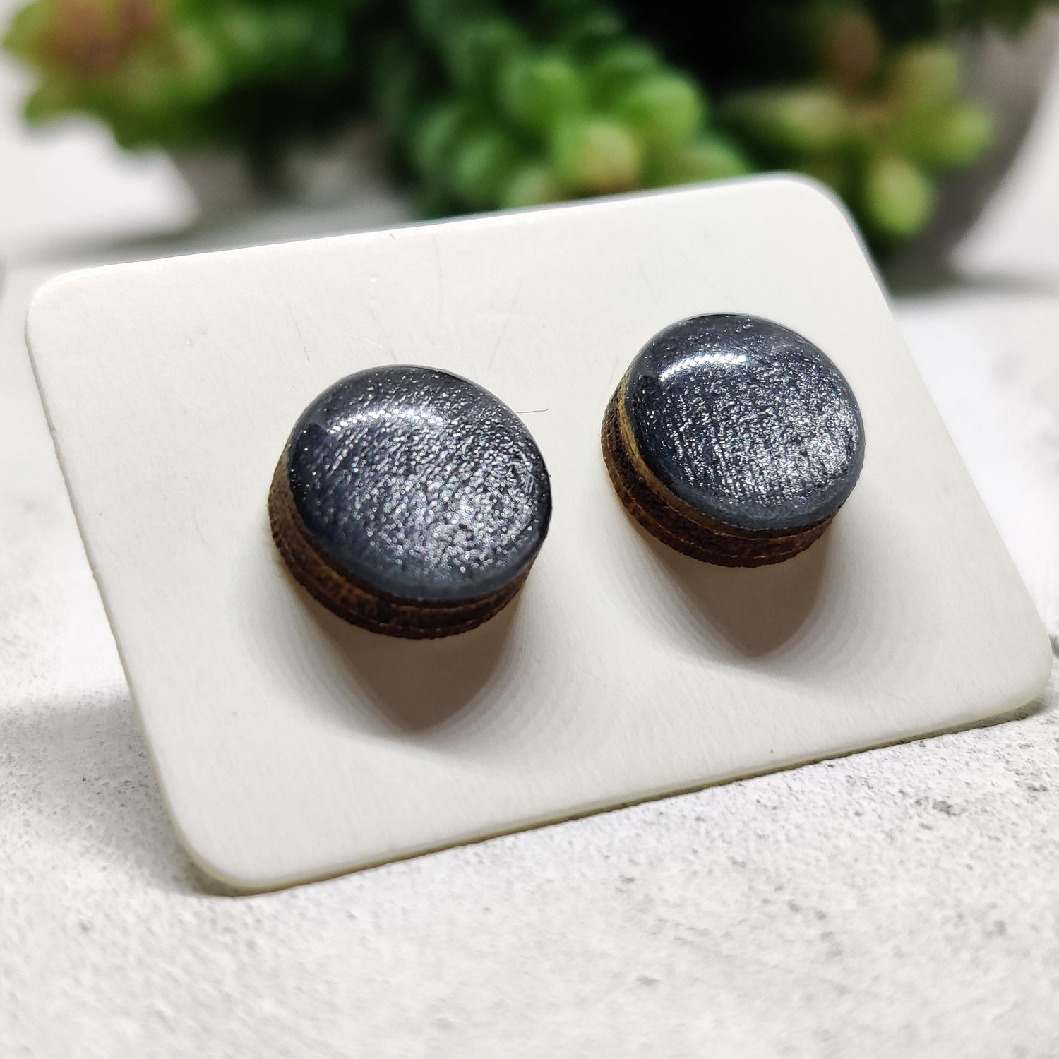 Gunmetal Grey Shimmer Stud Earrings 10 mm, Handmade, Stainless Steel Posts for Sensitive Ears - Candi Cove Designs