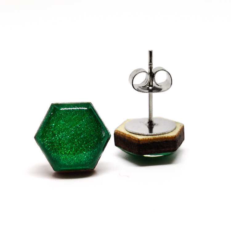 Emerald Green Shimmer Hexagon Stud Earrings 10 mm, Handmade, Stainless Steel Posts for Sensitive Ears - Candi Cove Designs