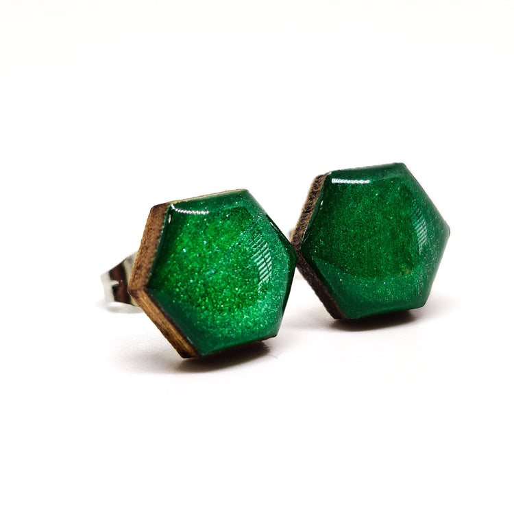 Emerald Green Shimmer Hexagon Stud Earrings 10 mm, Handmade, Stainless Steel Posts for Sensitive Ears - Candi Cove Designs