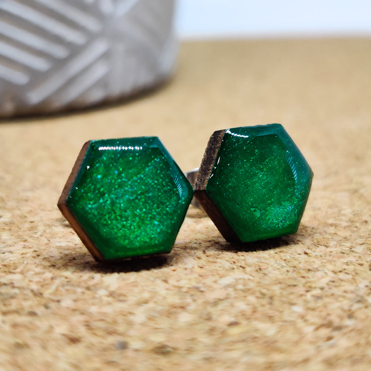 Emerald Green Shimmer Hexagon Stud Earrings 10 mm, Handmade, Stainless Steel Posts for Sensitive Ears - Candi Cove Designs