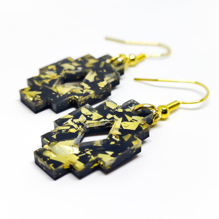 Boho Gold and Black Southwestern Aztec Dangle Earrings, Handmade, Metal for Sensitive Ears Statement Earrings