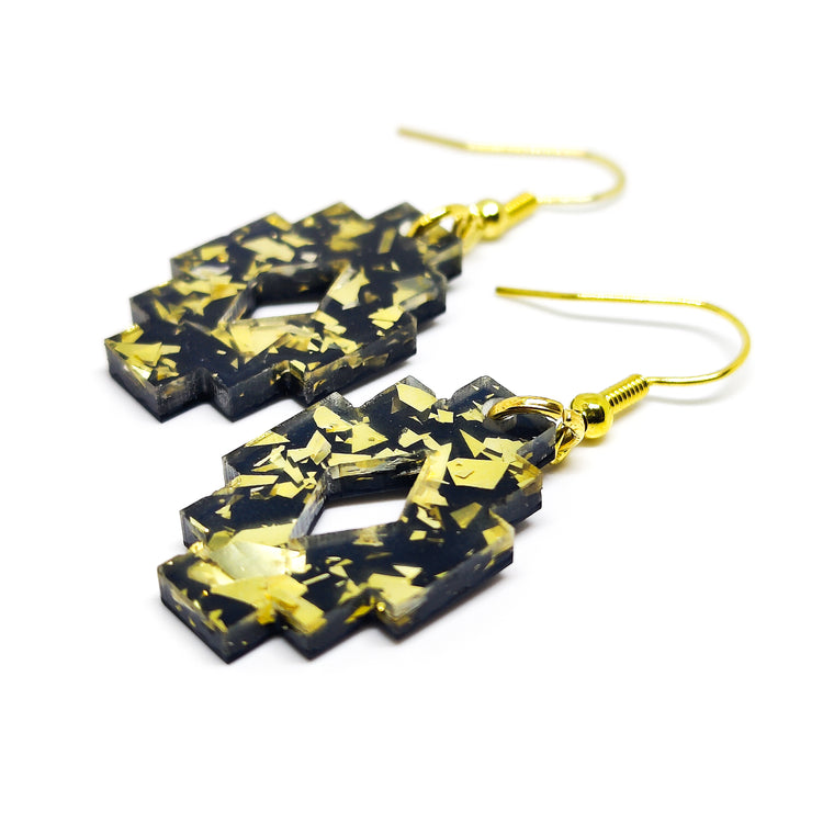 Boho Gold and Black Southwestern Aztec Dangle Earrings, Handmade, Metal for Sensitive Ears Statement Earrings