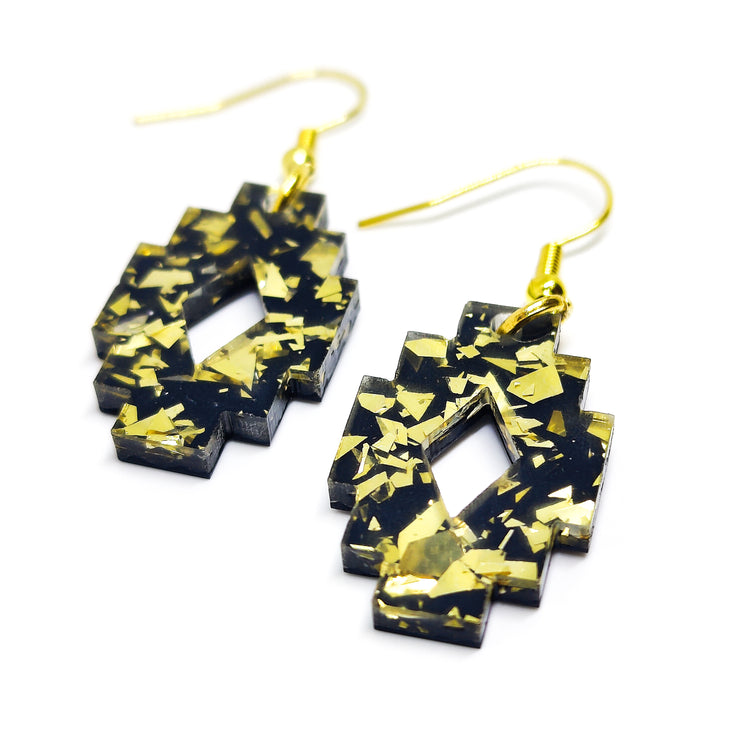 Boho Gold and Black Southwestern Aztec Dangle Earrings, Handmade, Metal for Sensitive Ears Statement Earrings