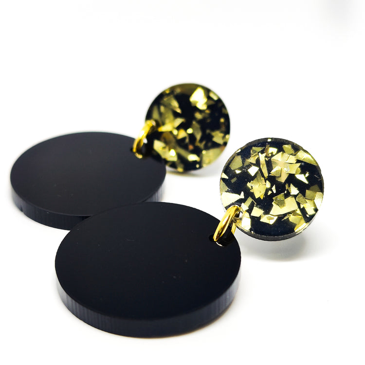 Boho Black and Gold Sparkle Double Circle Drop Earrings