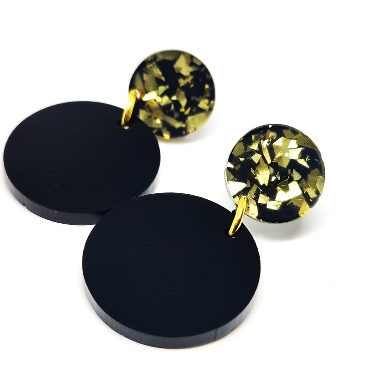 Boho Black and Gold Sparkle Double Circle Drop Earrings