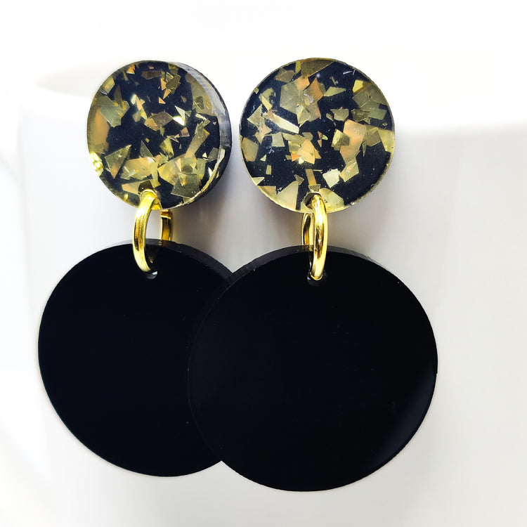 Boho Black and Gold Sparkle Double Circle Drop Earrings