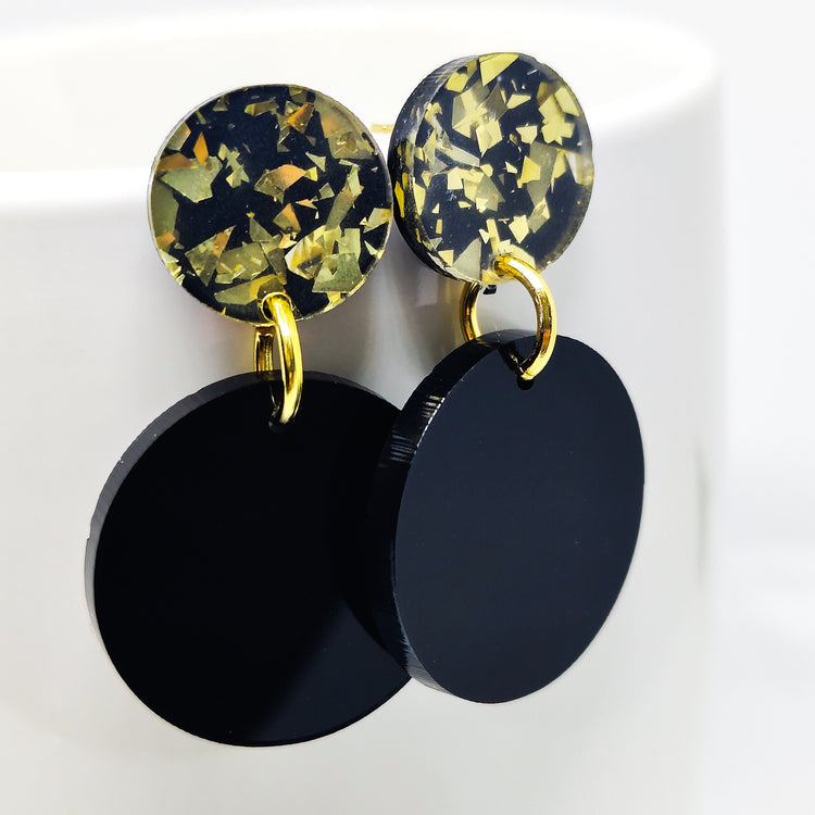 Boho Black and Gold Sparkle Double Circle Drop Earrings