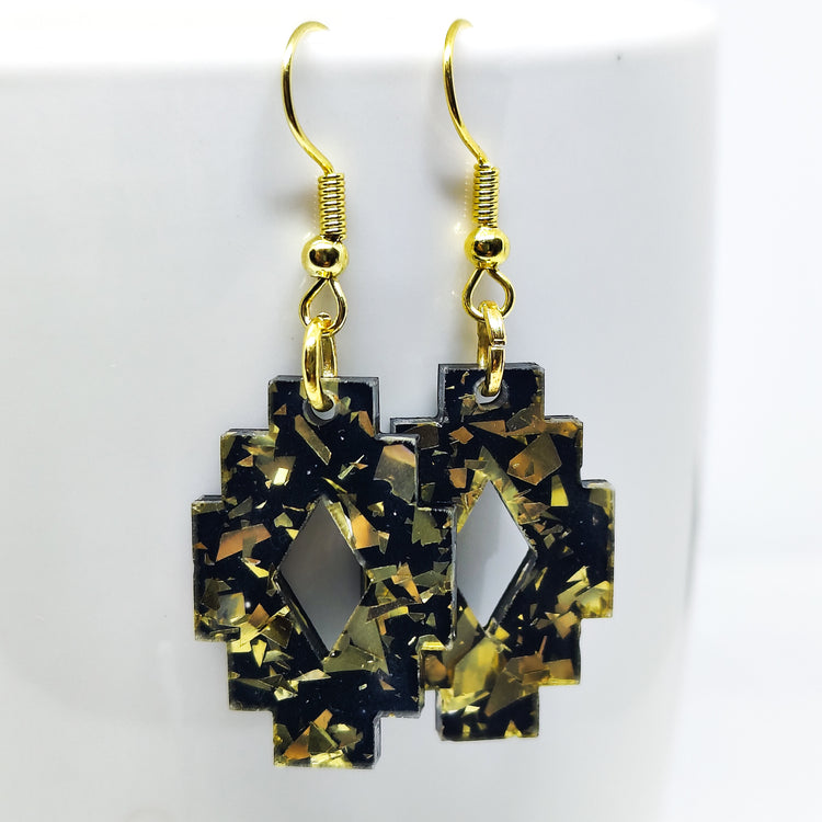 Boho Gold and Black Southwestern Aztec Dangle Earrings, Handmade, Metal for Sensitive Ears Statement Earrings