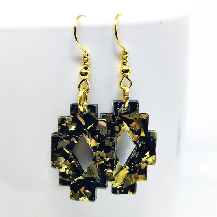 Boho Gold and Black Southwestern Aztec Dangle Earrings, Handmade, Metal for Sensitive Ears Statement Earrings
