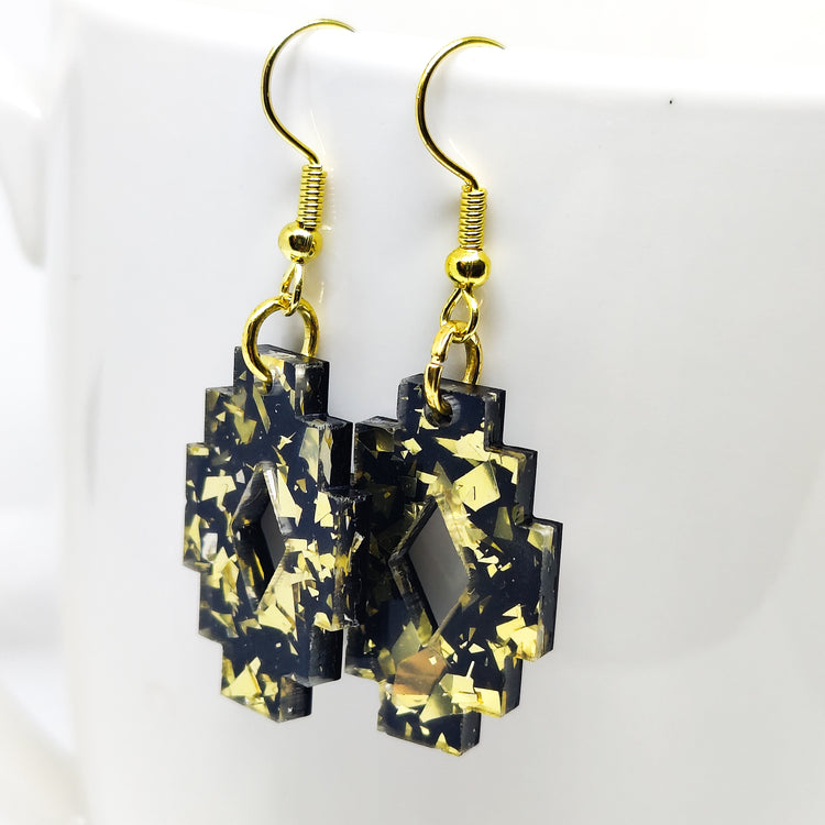 Boho Gold and Black Southwestern Aztec Dangle Earrings, Handmade, Metal for Sensitive Ears Statement Earrings