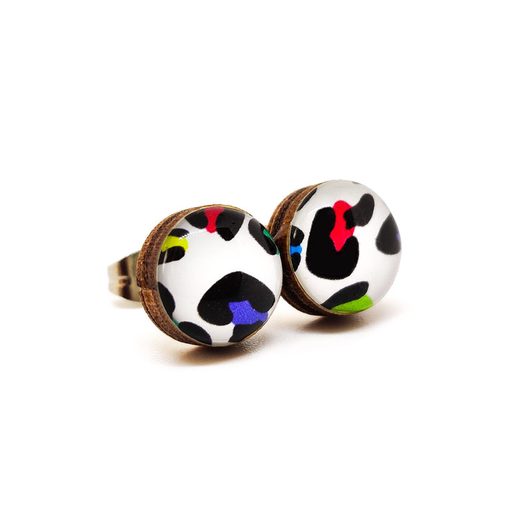 Stud Earrings, Bright Multicolored Cheetah, 10 mm, Handmade, Stainless Steel Posts for Sensitive Ears - Candi Cove Designs