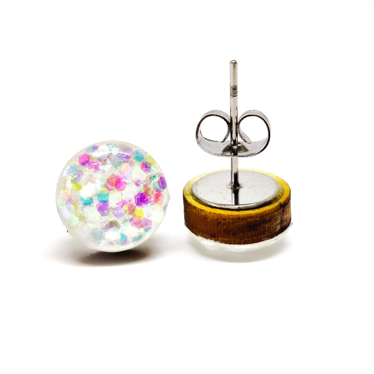 Stud Earrings, White Confetti Sparkle, 10 mm, Handmade, Stainless Steel Posts for Sensitive Ears - Candi Cove Designs