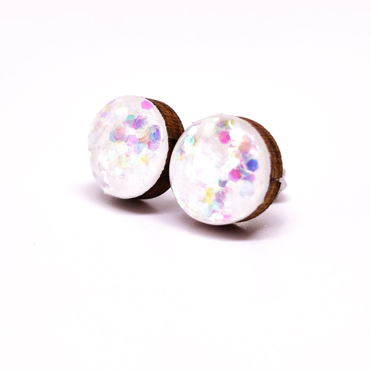 Stud Earrings, White Confetti Sparkle, 10 mm, Handmade, Stainless Steel Posts for Sensitive Ears - Candi Cove Designs