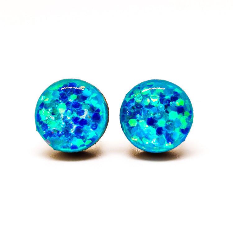 Stud Earrings, Aquamarine Sparkle, 10 mm, Handmade, Posts for Sensitive Ears - Candi Cove Designs