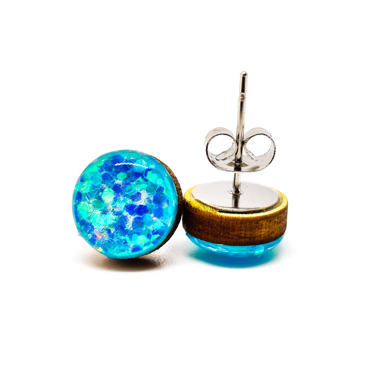 Stud Earrings, Aquamarine Sparkle, 10 mm, Handmade, Posts for Sensitive Ears - Candi Cove Designs