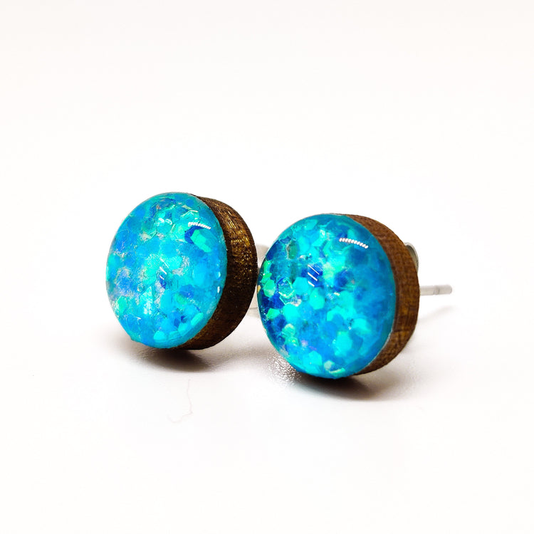 Stud Earrings, Aquamarine Sparkle, 10 mm, Handmade, Posts for Sensitive Ears - Candi Cove Designs