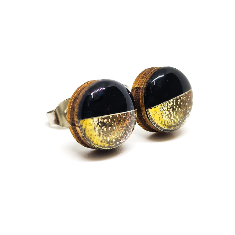 Two toned stud earrings candi cove designs, black and gold earrings, fake gauge earrings, faux gauge earrings, western stud earrings, button gauges for ears, two toned earrings, clay stud earrings, two toned jewelry, black onyx earrings gold, copper stud earrings copper earrings, small wood earrings for women, druzy earrings, druzy stud earrings