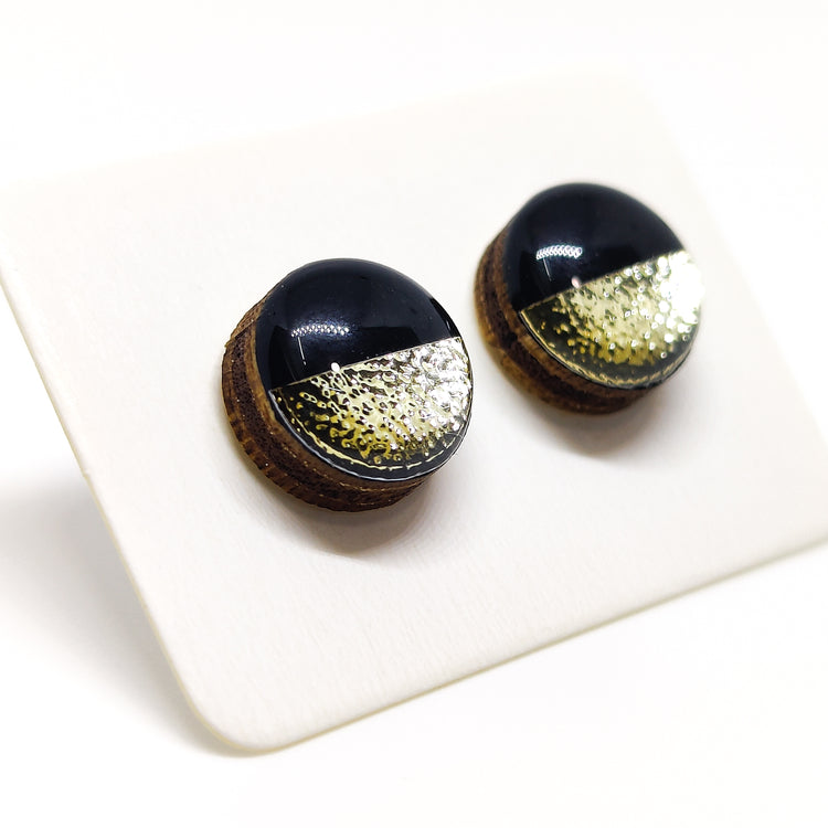 Two toned stud earrings candi cove designs, black and gold earrings, fake gauge earrings, faux gauge earrings, western stud earrings, button gauges for ears, two toned earrings, clay stud earrings, two toned jewelry, black onyx earrings gold, copper stud earrings copper earrings, small wood earrings for women, druzy earrings, druzy stud earrings