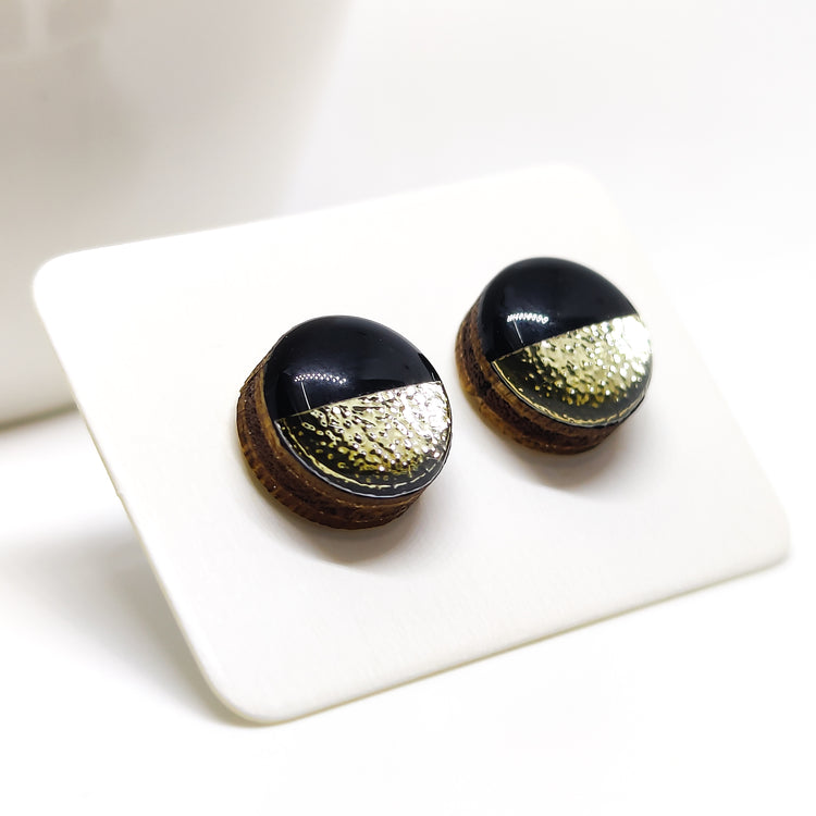 Two toned stud earrings candi cove designs, black and gold earrings, fake gauge earrings, faux gauge earrings, western stud earrings, button gauges for ears, two toned earrings, clay stud earrings, two toned jewelry, black onyx earrings gold, copper stud earrings copper earrings, small wood earrings for women, druzy earrings, druzy stud earrings
