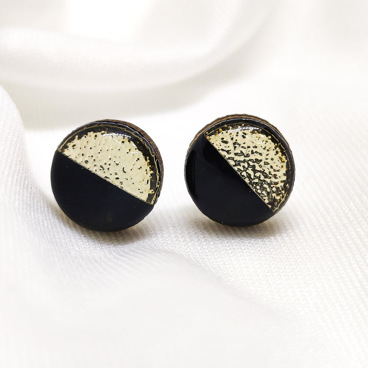Two toned stud earrings candi cove designs, black and gold earrings, fake gauge earrings, faux gauge earrings, western stud earrings, button gauges for ears, two toned earrings, clay stud earrings, two toned jewelry, black onyx earrings gold, copper stud earrings copper earrings, small wood earrings for women, druzy earrings, druzy stud earrings