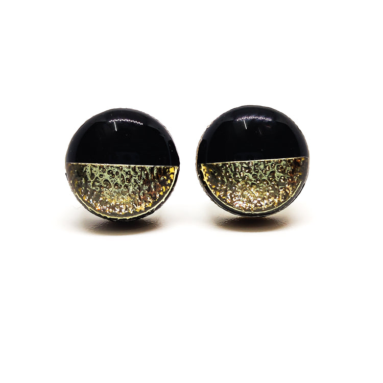 Two toned stud earrings candi cove designs, black and gold earrings, fake gauge earrings, faux gauge earrings, western stud earrings, button gauges for ears, two toned earrings, clay stud earrings, two toned jewelry, black onyx earrings gold, copper stud earrings copper earrings, small wood earrings for women, druzy earrings, druzy stud earrings