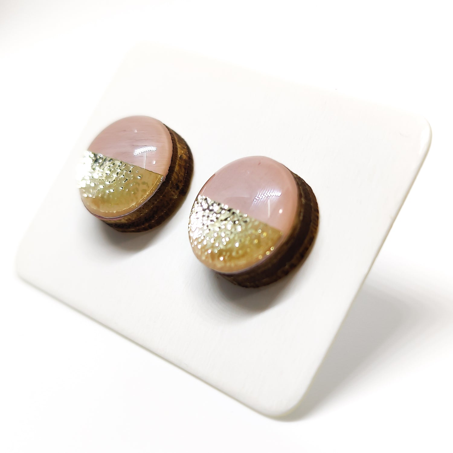 blush pink and gold faux hammered metal two toned stud earrings by candi cove designs everyday simple stud earrings for sensitive ears