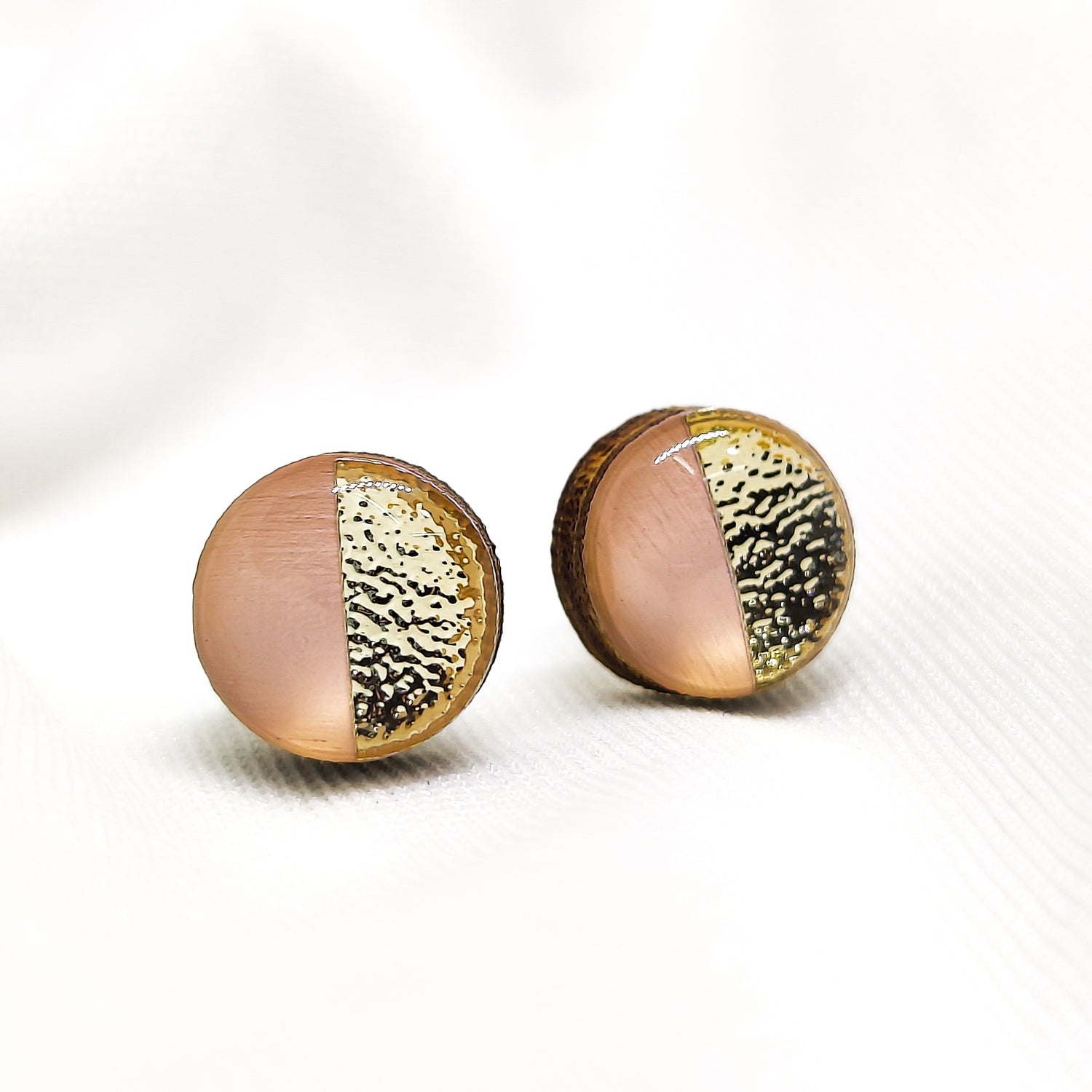 blush pink and gold faux hammered metal two toned stud earrings by candi cove designs everyday simple stud earrings for sensitive ears