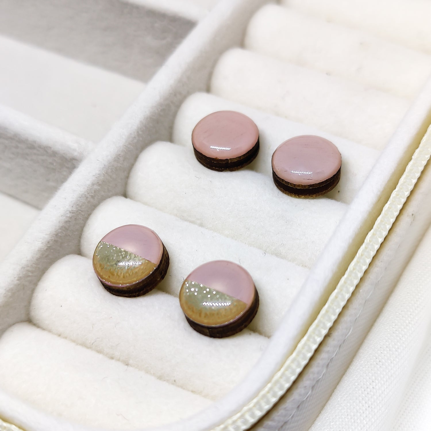blush pink and gold faux hammered metal two toned stud earrings by candi cove designs everyday simple stud earrings for sensitive ears earrings in a travel case for jewelry