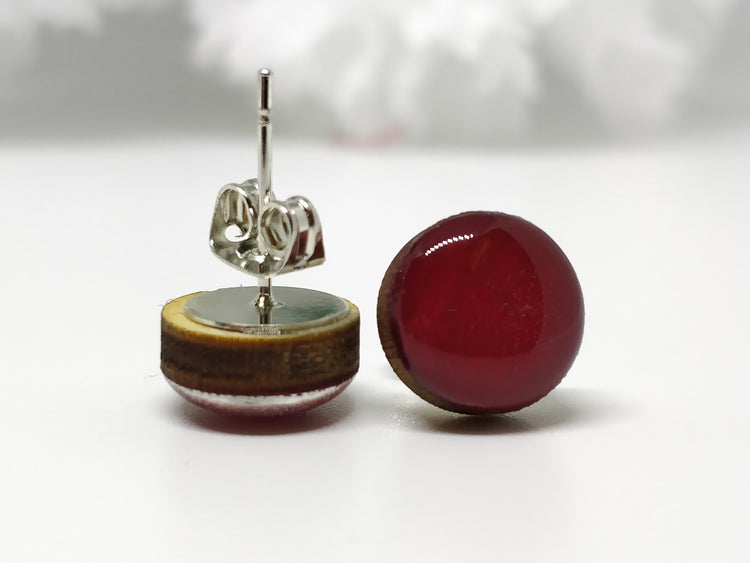 Stud Earrings, Burgundy, 10 mm, Handmade, Stainless Steel Posts for Sensitive Ears - Candi Cove Designs