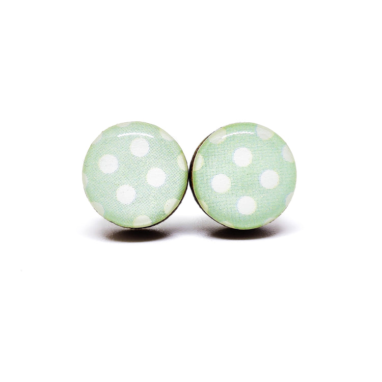Stud Earrings, Light Mint and White Polka Dot, 10 mm, Handmade, Stainless Steel Posts for Sensitive Ears - Candi Cove Designs